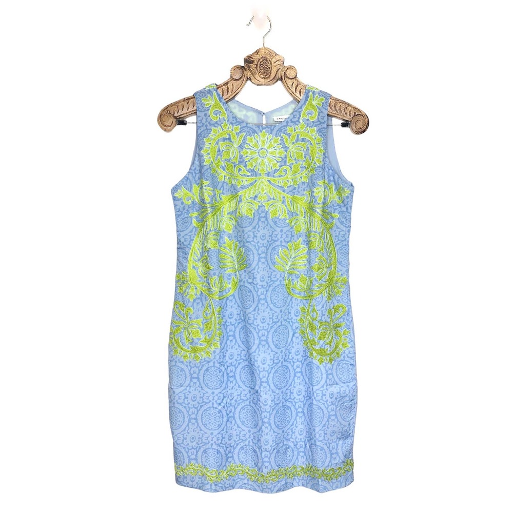 Gretchen Scott Embroidered Patterned Neon Resort Dress Curacao Blue Green Small